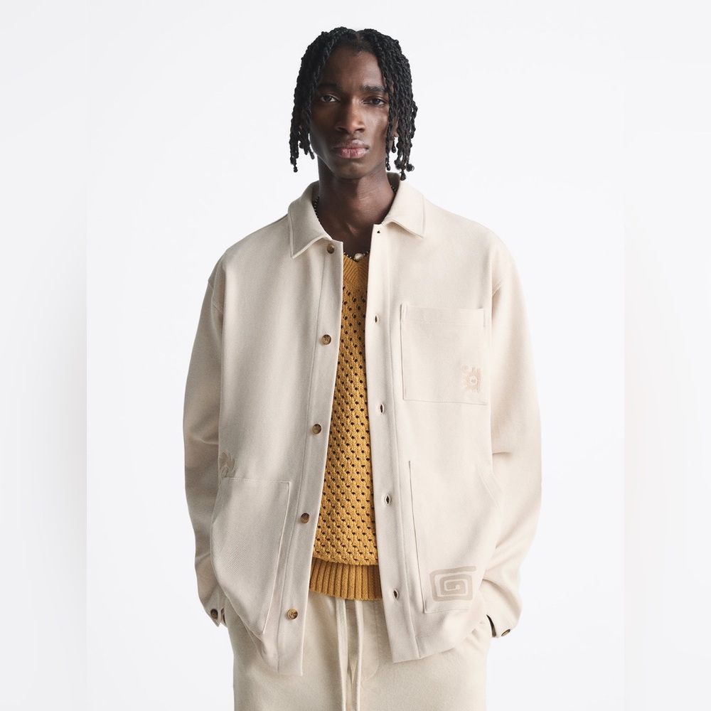 Zara Long Sleeve Shacket Jacket Celestial Design Mens Size XL Beige YinYang NWOT